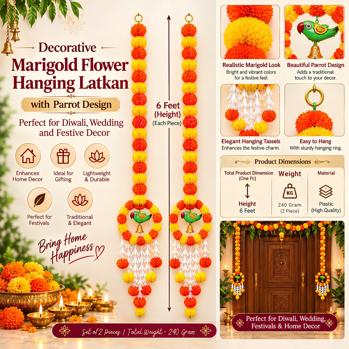 Upharkaro Decorative Marigold Flower Hanging Latkan with Parrot Design – 6 Feet, Set of 2 | Orange & Yellow Traditional Door & Wall Hanging for Diwali, Wedding & Festive Decor