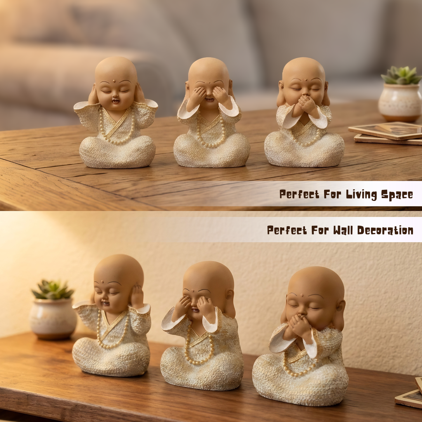 Upharkaro Mini Buddha Monk Statue Set of 3 | Cute Wise Monk Figurines for Home & Office Decor By Upharkaro
