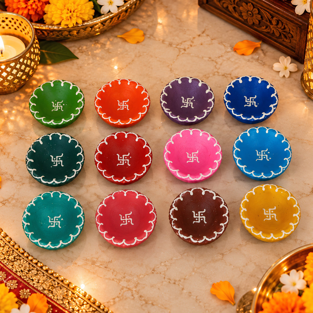 Hand-Painted Clay Fancy Swastik Diya Set of 12 – Decorative Traditional Diyas for Diwali, Pooja, Home Decor & Festive Gifting