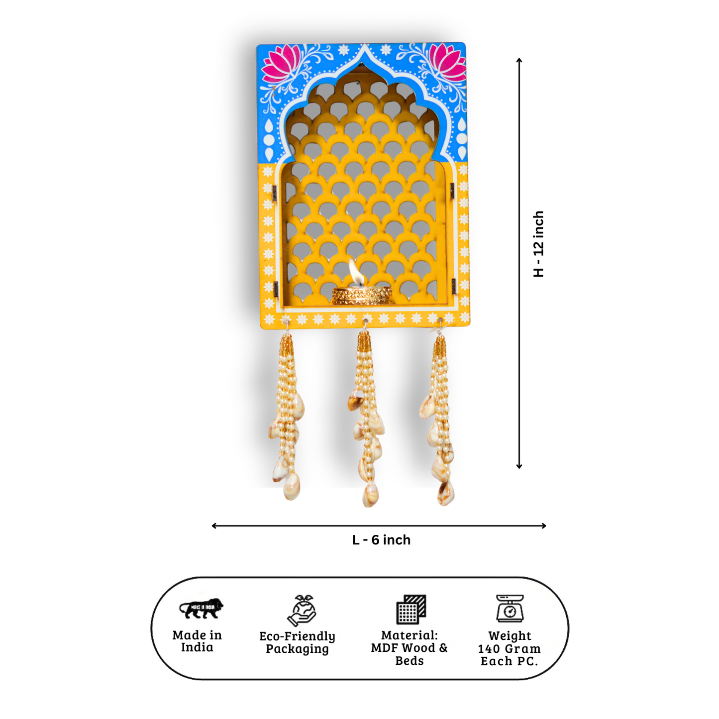 Decorative wall hanging with measurements and product details on a white background
