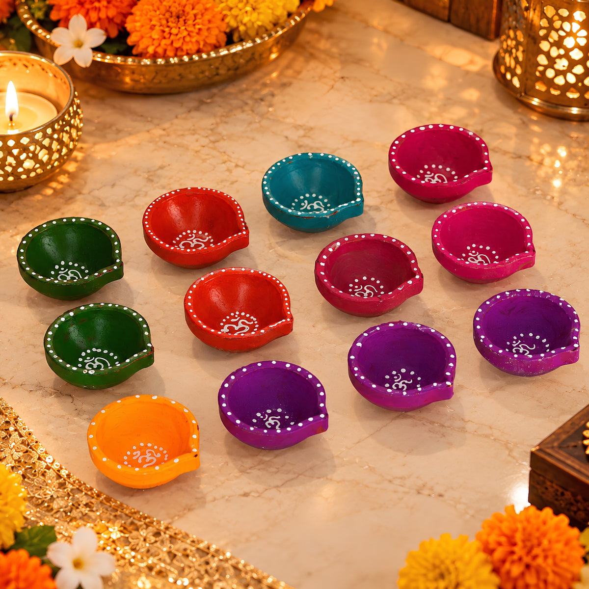 Hand-Painted Clay Fancy Om Diya Set of 12 – Decorative Traditional Diyas for Diwali, Pooja, Home Decor & Festive Gifting