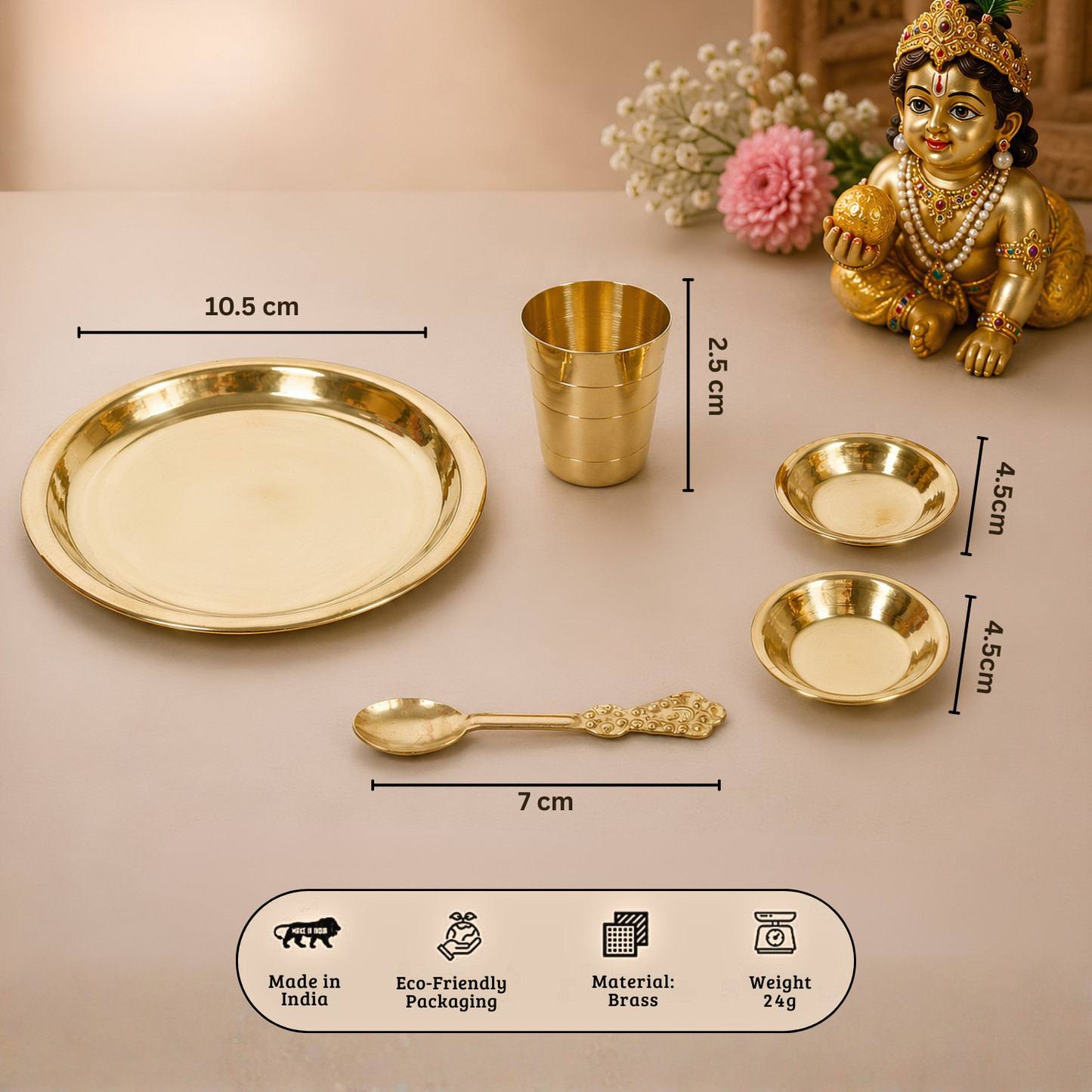 Upharkaro Decorative Laddu Gopal Bhog Thali Plate Set | Mini Plate, 2 Bowl, Glass & Spoon for Krishna Ji | Home Temple & Janmashtami Pooja Decor