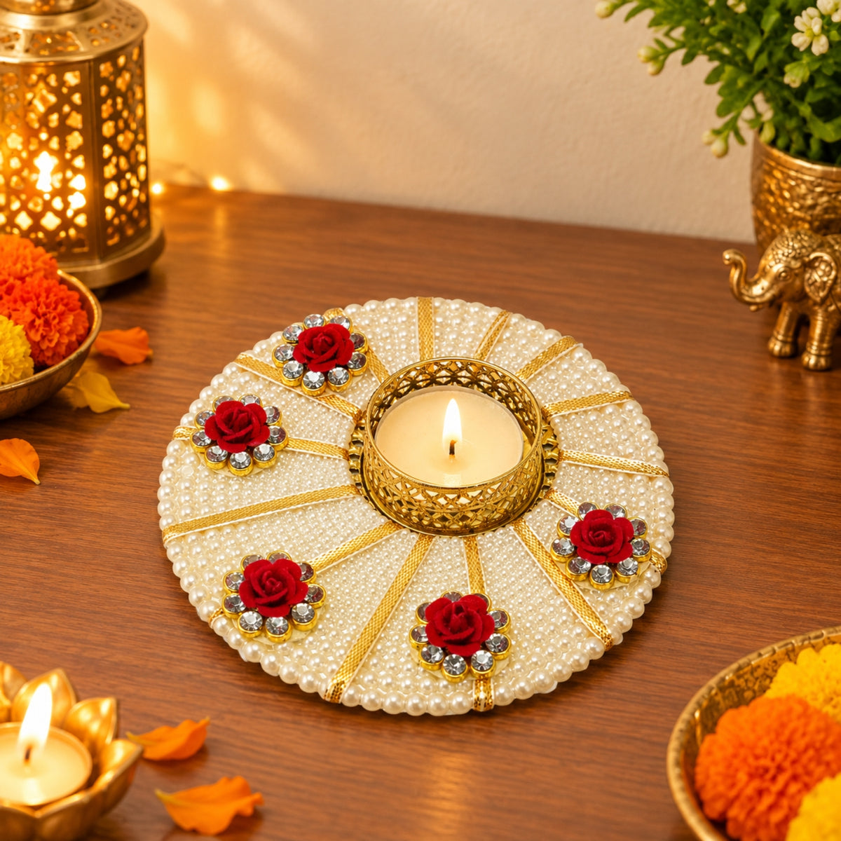 Upharkaro Decorative Pearl T-Light Candle Holder | 12.5 cm Round Handmade Diya & Tealight Holder with Artificial Red Roses for Diwali, Home Decor & Festive Decoration