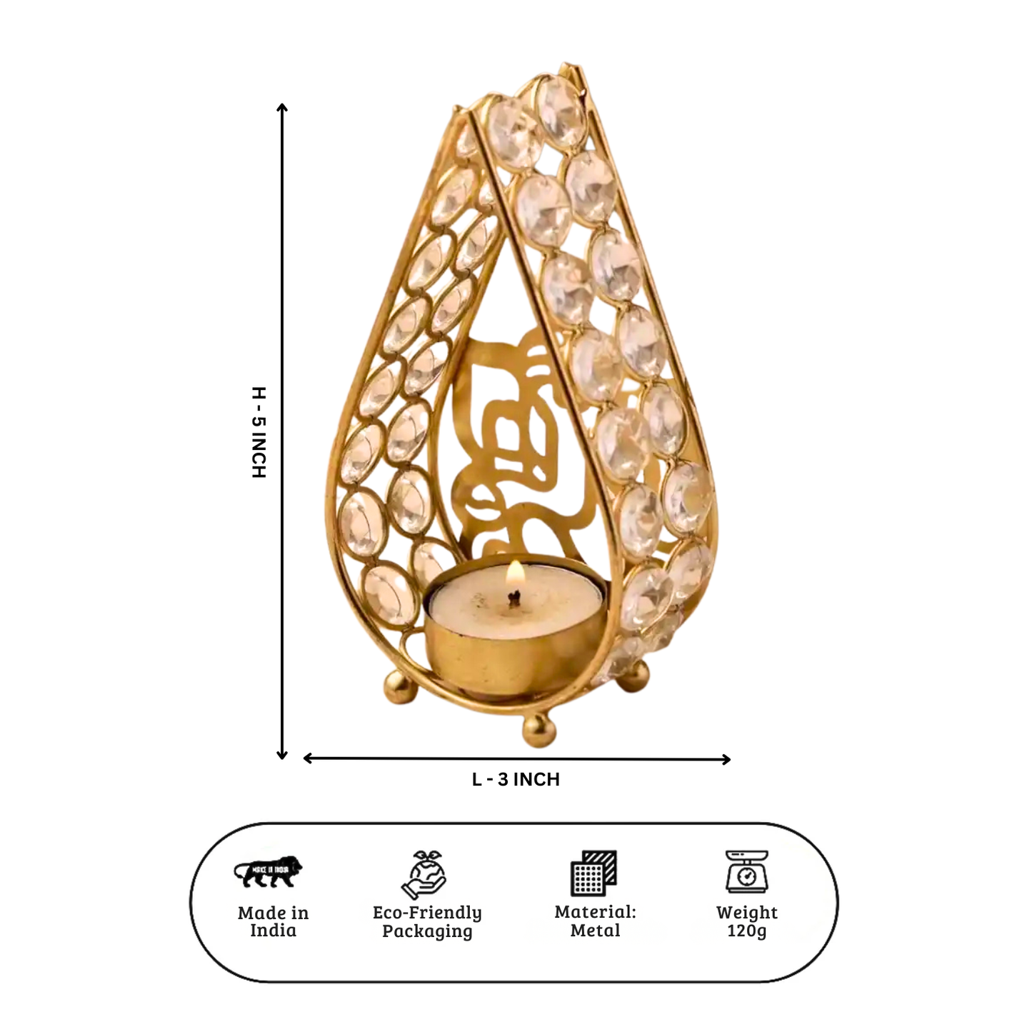 Upharkaro Golden Metal Tealight Candle Holder with Crystal Design (5 Inch) Decorative Diya Stand for Home Decor, Pooja Room, Diwali Decoration