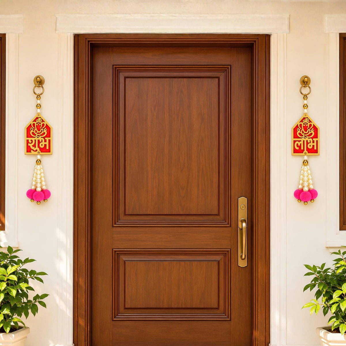 Upharkaro Shubh Labh Ganesha Hanging Latkan | Decorative Door & Wall Hanging with Pearl Beads & Pink Tassels for Diwali, Pooja & Festive Decor
