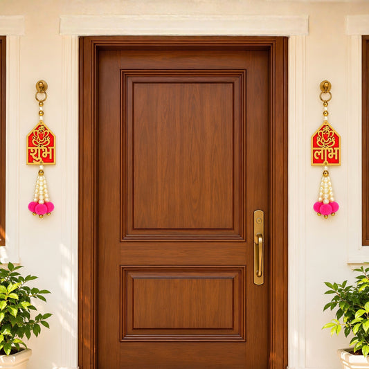 Upharkaro Shubh Labh Ganesha Hanging Latkan | Decorative Door & Wall Hanging with Pearl Beads & Pink Tassels for Diwali, Pooja & Festive Decor