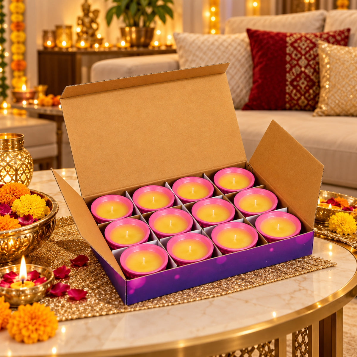 Decorative Ghee-Effect Wax Fancy Clay Diya – 12 Pc Set Box, Handcrafted Traditional Clay Diyas for Diwali, Pooja, Home Decor & Festive Gifting
