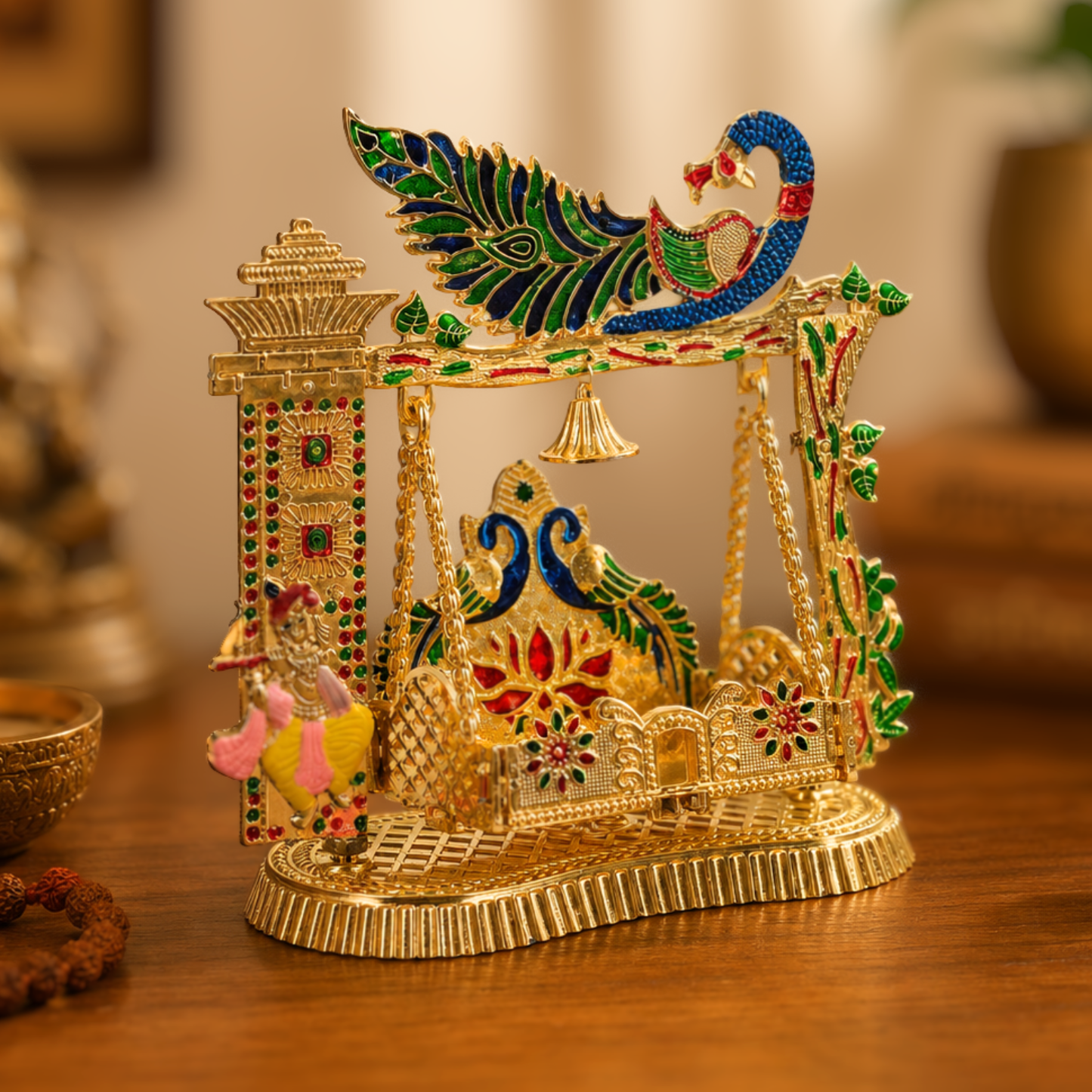 Decorative Meenakari Plastic Jhula for Laddu Gopal | Golden Peacock Design Swing for Krishna Ji | Home Temple & Janmashtami Decor