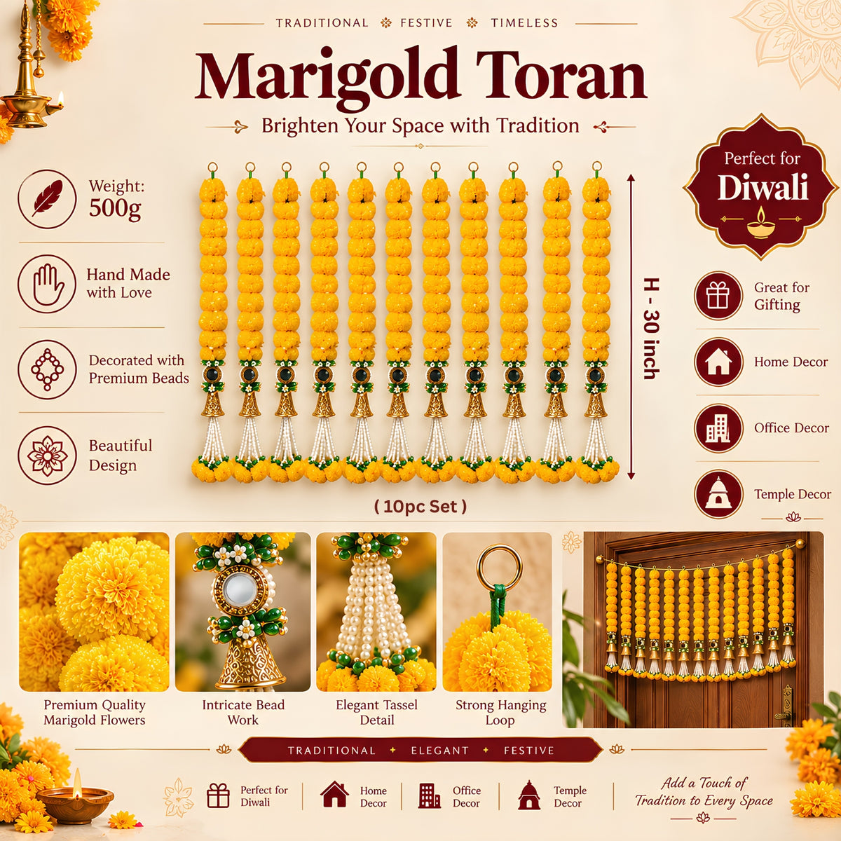 Upharkaro Marigold Flower Latkan for Door & Home Decor – 10 Pc Set | Handmade Decorative Hanging Toran with Beads & Tassels | Diwali, Festive & Pooja Decoration