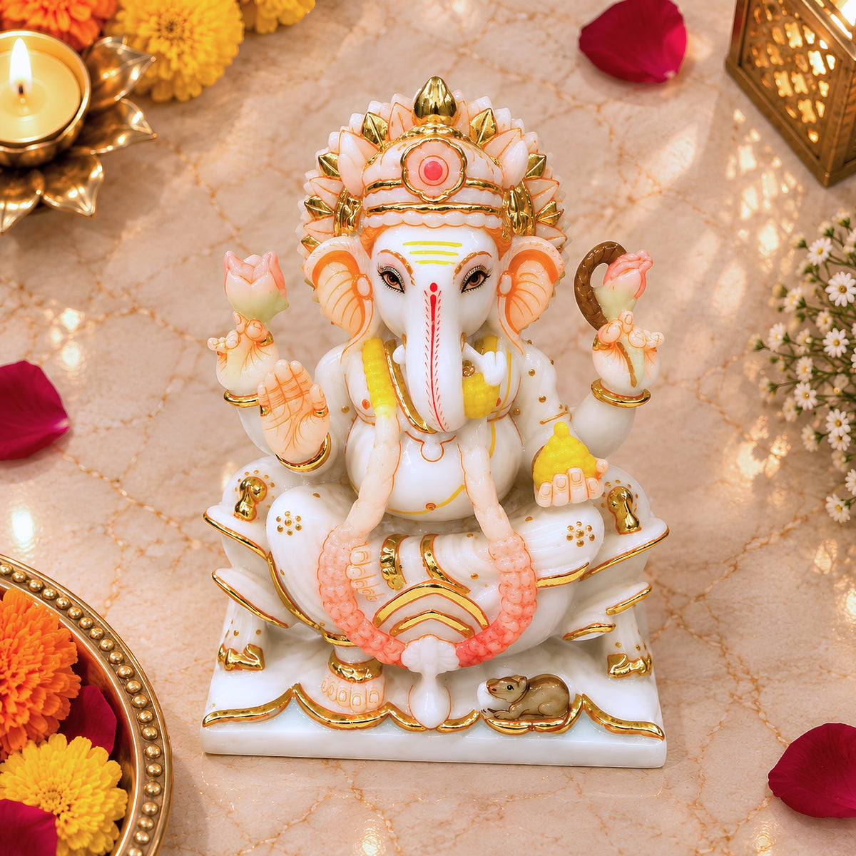 Marble Dust Lotus Ganesh Idol for Home Decor | 9 - Inch Vinayaka Statue | Decorative Ganesha Idol for Pooja Room, Mandir, Diwali, Housewarming Gift & Spiritual Decor (White Marble Look)