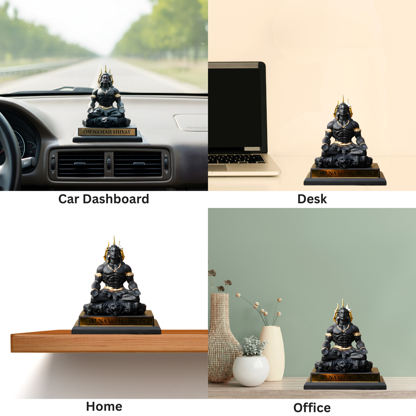 Statue displayed on a car dashboard, desk, shelf, and office setting.