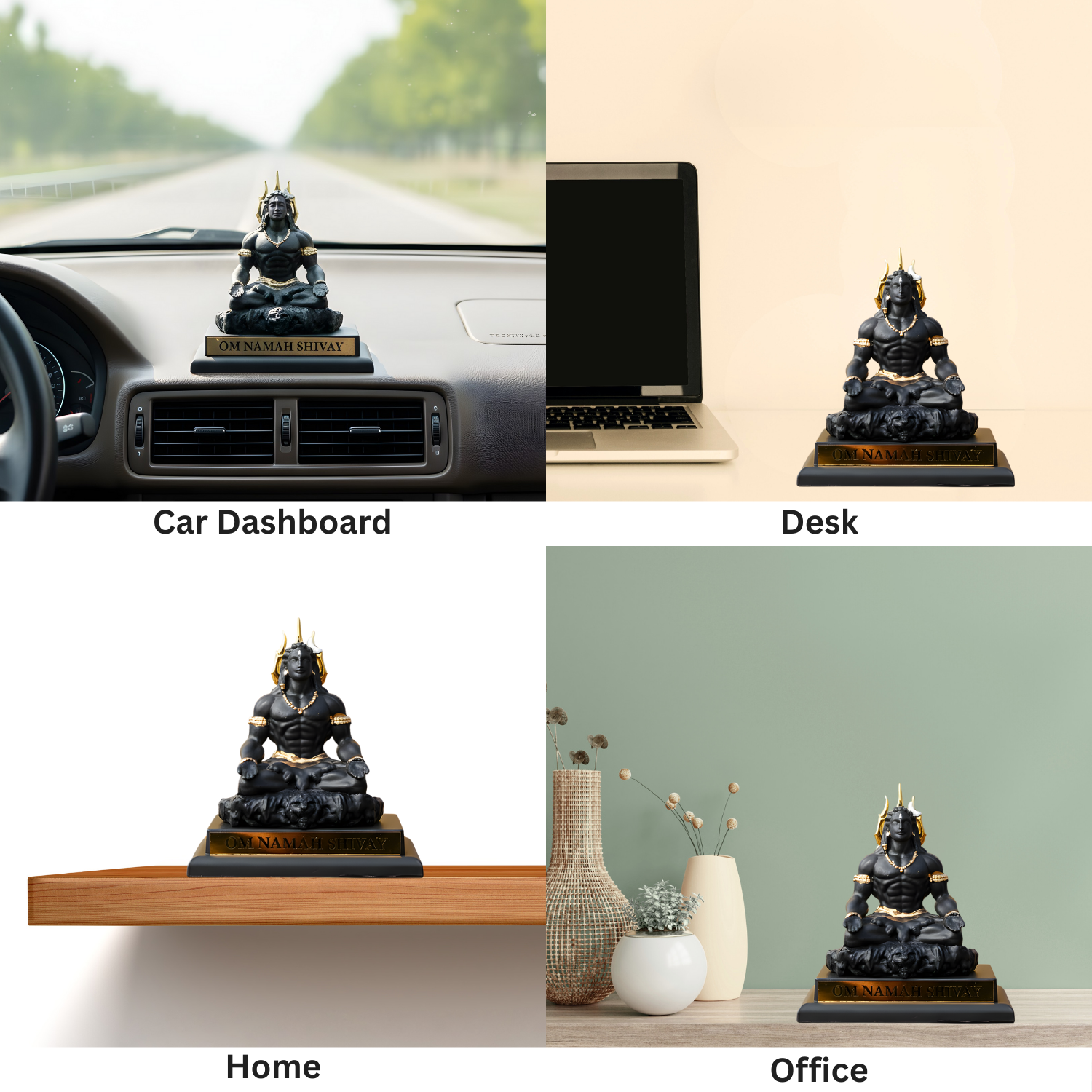 Statue displayed on a car dashboard, desk, shelf, and office setting.