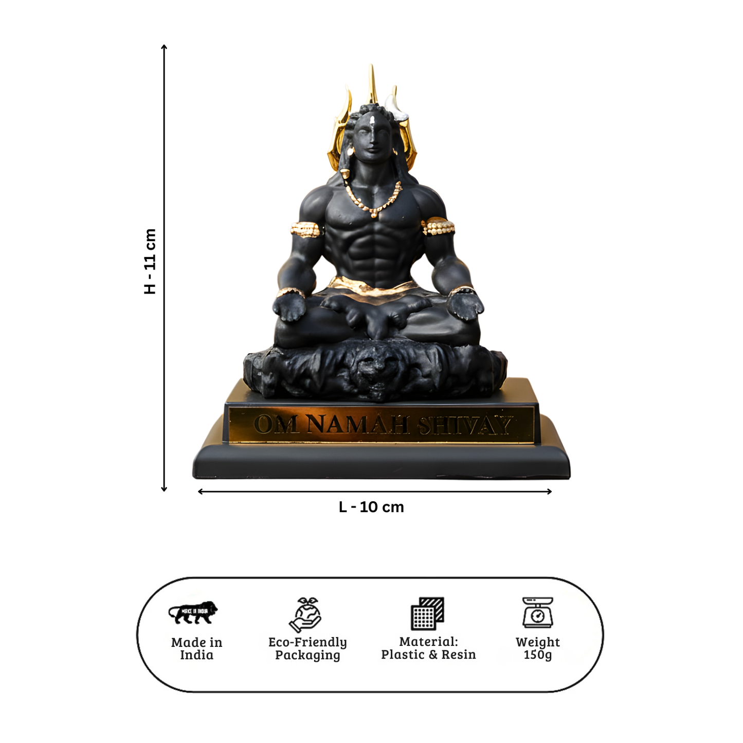 Black and gold statue with measurements and product details on a white background