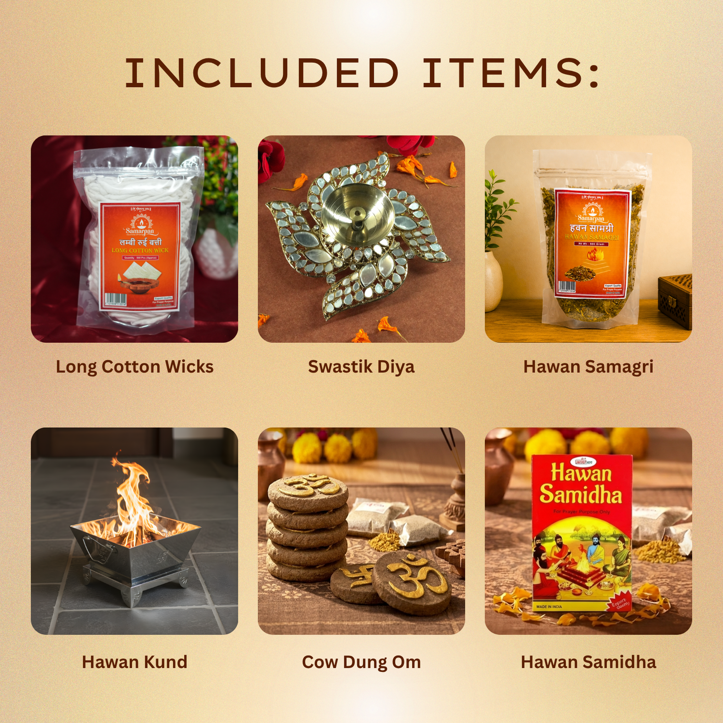 Upharkaro Complete Hawan Kit for Home & Temple | Hawan Kund, Hawan Samagri, Samidha, Long Cotton Wicks, Om Cow Dung & Decorative Swastik Diya | Puja & Yagya Essentials Gift Set