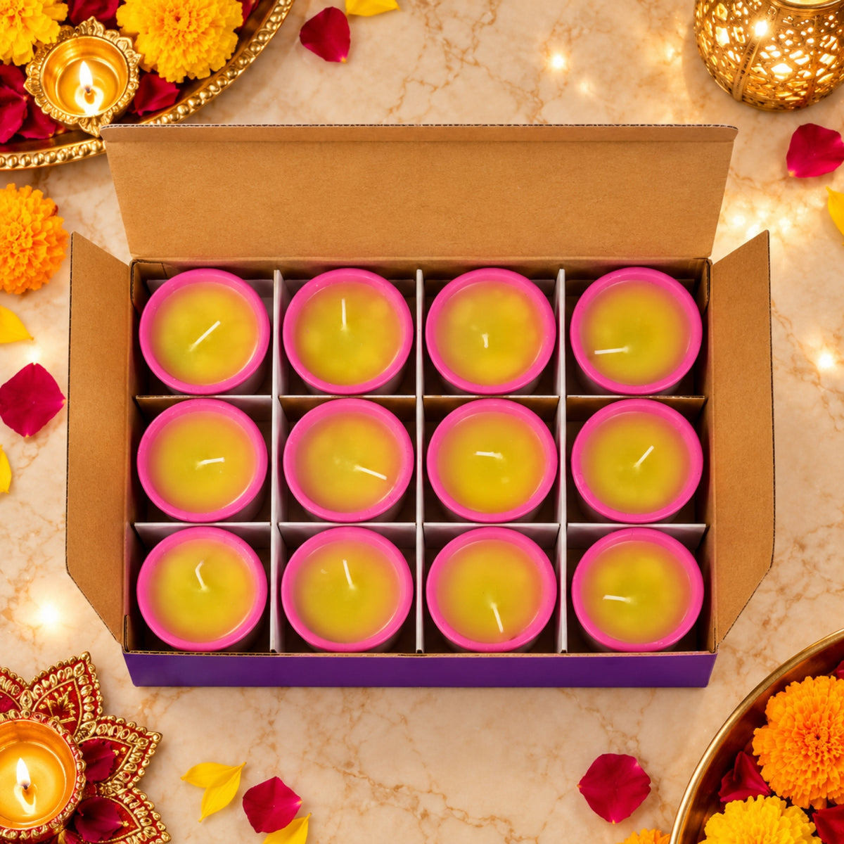 Decorative Ghee-Effect Wax Fancy Clay Diya – 12 Pc Set Box, Handcrafted Traditional Clay Diyas for Diwali, Pooja, Home Decor & Festive Gifting