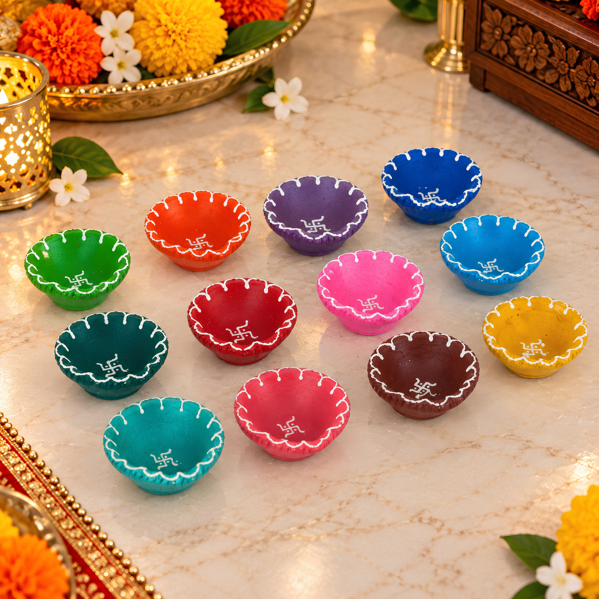 Hand-Painted Clay Fancy Swastik Diya Set of 12 – Decorative Traditional Diyas for Diwali, Pooja, Home Decor & Festive Gifting