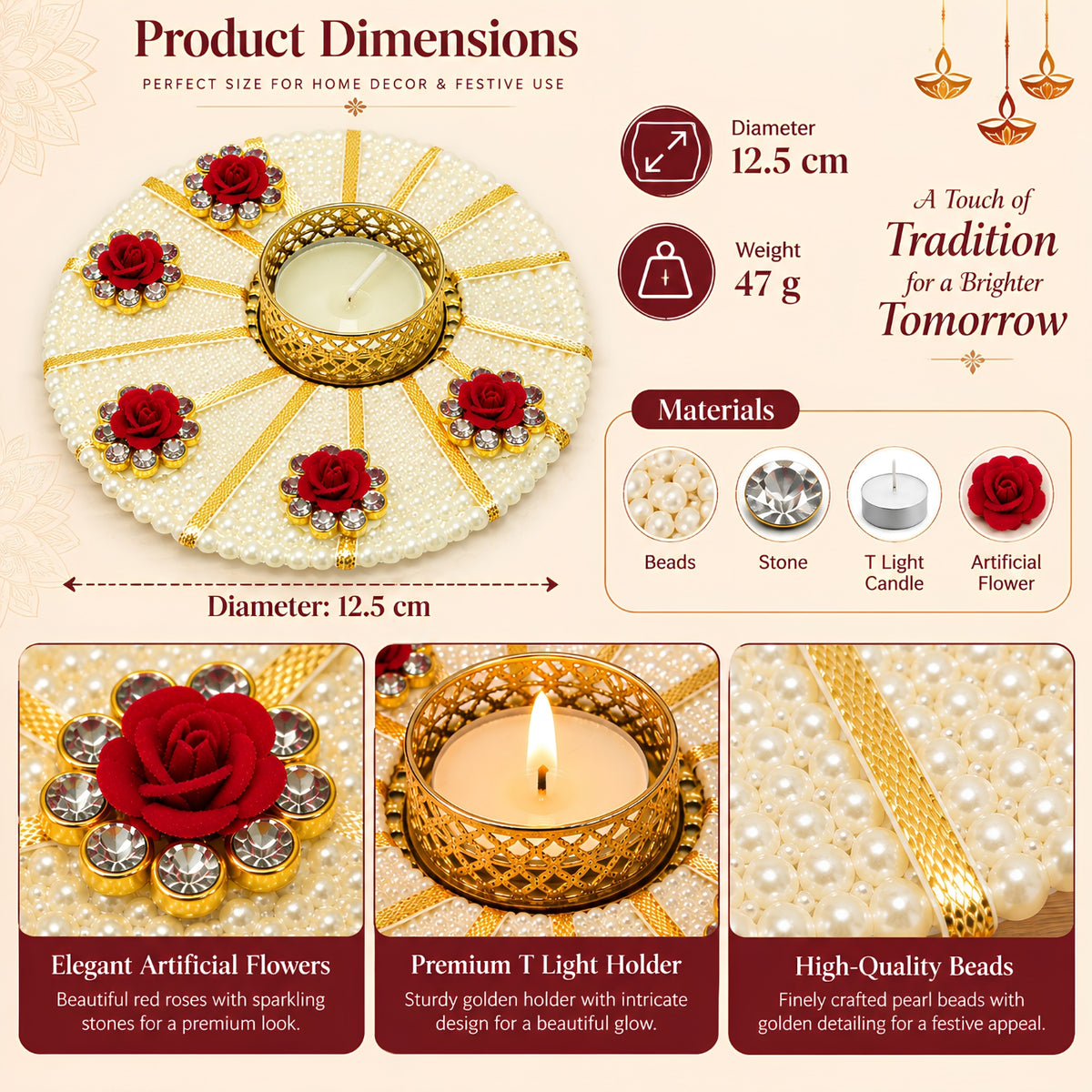 Upharkaro Decorative Pearl T-Light Candle Holder | 12.5 cm Round Handmade Diya & Tealight Holder with Artificial Red Roses for Diwali, Home Decor & Festive Decoration