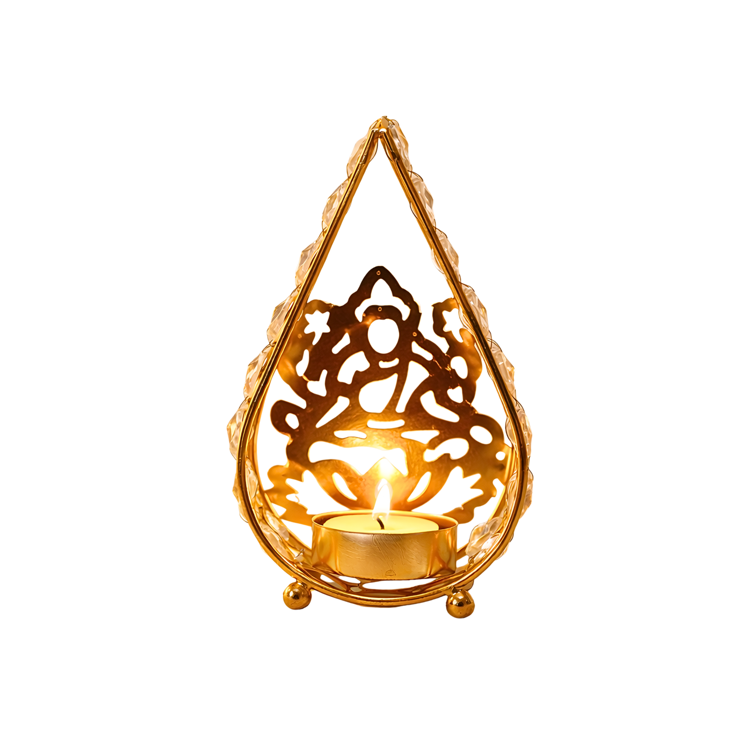 Upharkaro Golden Metal Tealight Candle Holder with Crystal Design (5 Inch) Decorative Diya Stand for Home Decor, Pooja Room, Diwali Decoration