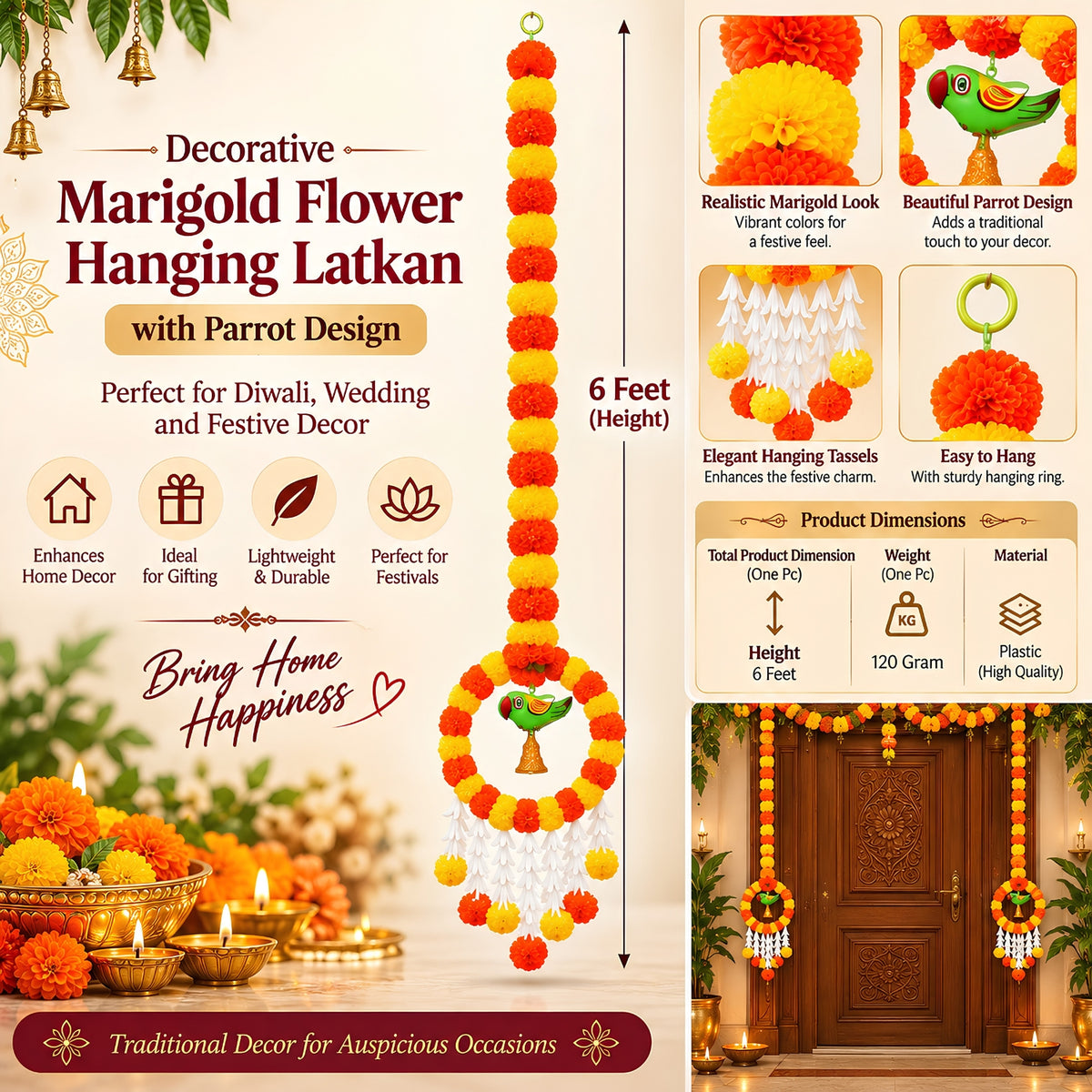 Upharkaro Decorative Marigold Flower Hanging Latkan with Parrot Design – 6 Feet, 1 Pc | Traditional Door & Wall Hanging for Diwali, Wedding & Festive Decor