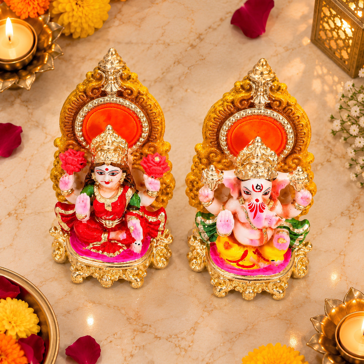 Handcrafted Eco-Friendly Laxmi Ganesh Statue Set – 6 Inch Decorative Terracotta Idols for Diwali Pooja & Home Decor by Upharkaro