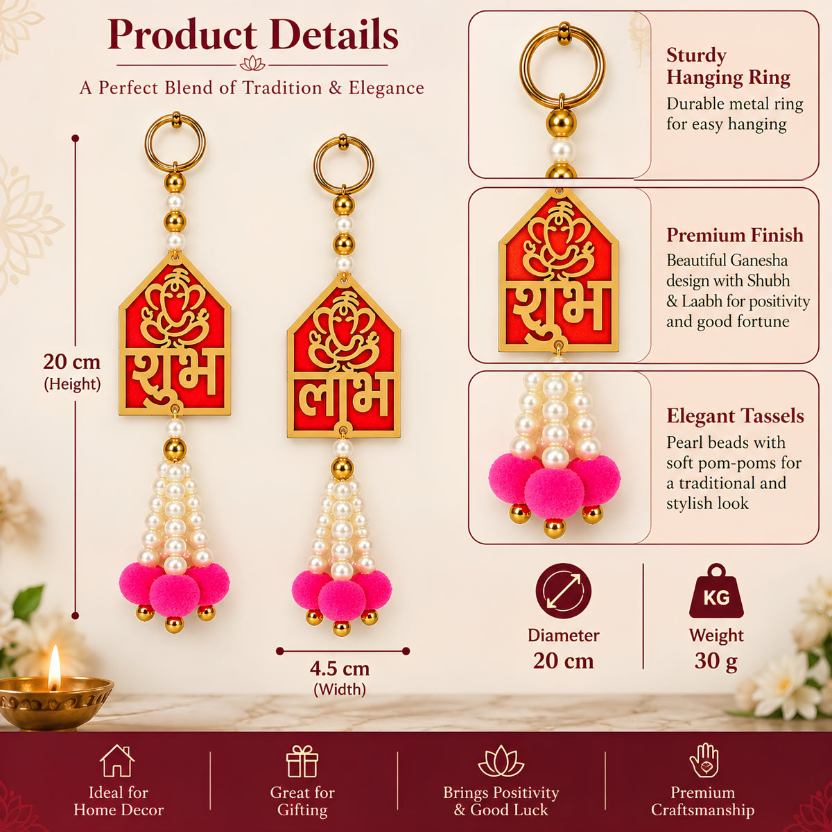Upharkaro Shubh Labh Ganesha Hanging Latkan | Decorative Door & Wall Hanging with Pearl Beads & Pink Tassels for Diwali, Pooja & Festive Decor