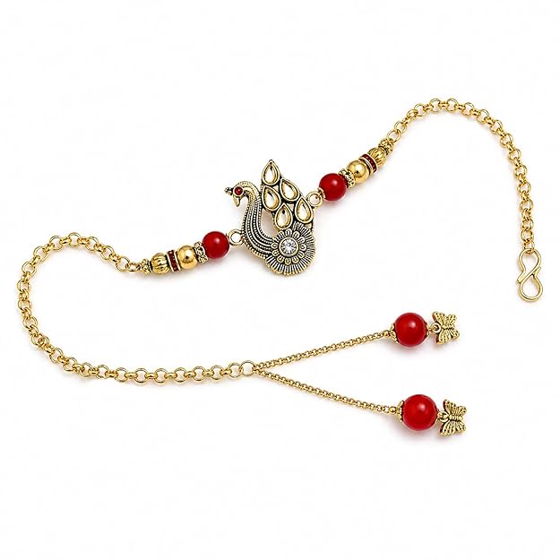 Peacock Charm Bracelet Style Lumba Rakhi with Red Beads for Bhabhi