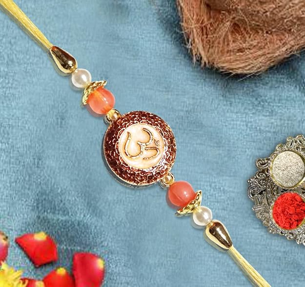 Premium Om Designer Rakhi with Pearl & Peach Beads for Brother | Auspicious Rakhi By Upharkaro