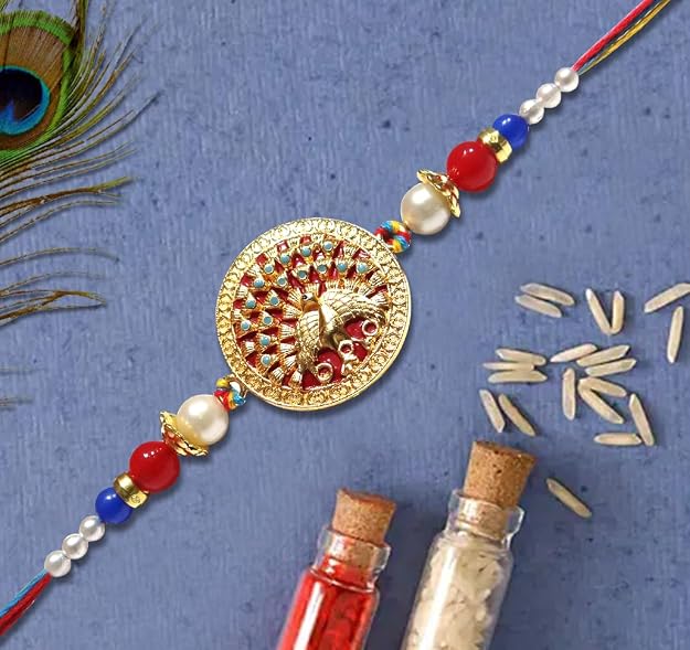 Premium Peacock Designer Rakhi with Pearl & Multicolor Beads for Brother By Upharkaro