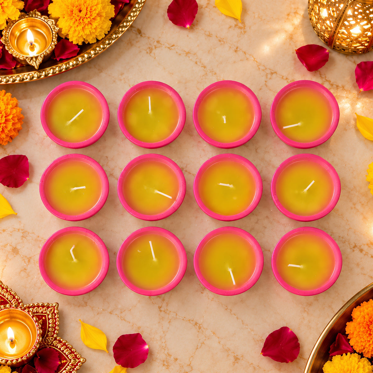Decorative Ghee-Effect Wax Fancy Clay Diya – 12 Pc Set Box, Handcrafted Traditional Clay Diyas for Diwali, Pooja, Home Decor & Festive Gifting