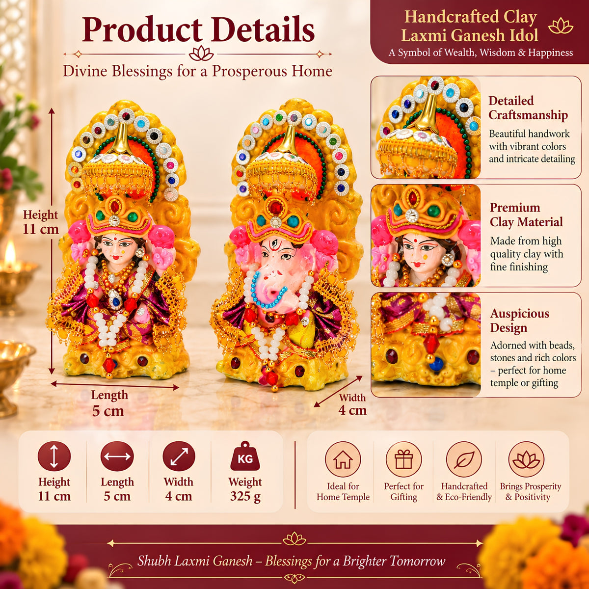 Eco-Friendly Laxmi Ganesh Clay Idol Set – 6 Inch Handcrafted Terracotta Statues for Diwali Pooja, Home Décor & Sustainable Gifting by Upharkaro