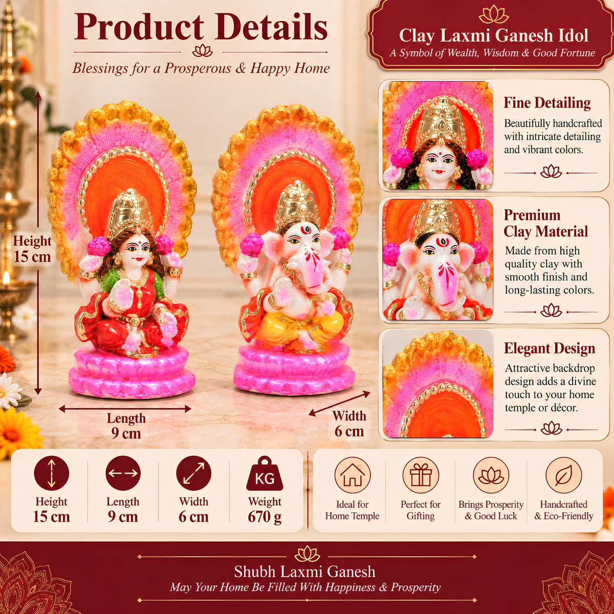 Decorative Clay Laxmi Ganesh Statue Set – Handcrafted 6 Inch Terracotta Idols for Diwali, Home Décor & Gifting by Upharkaro