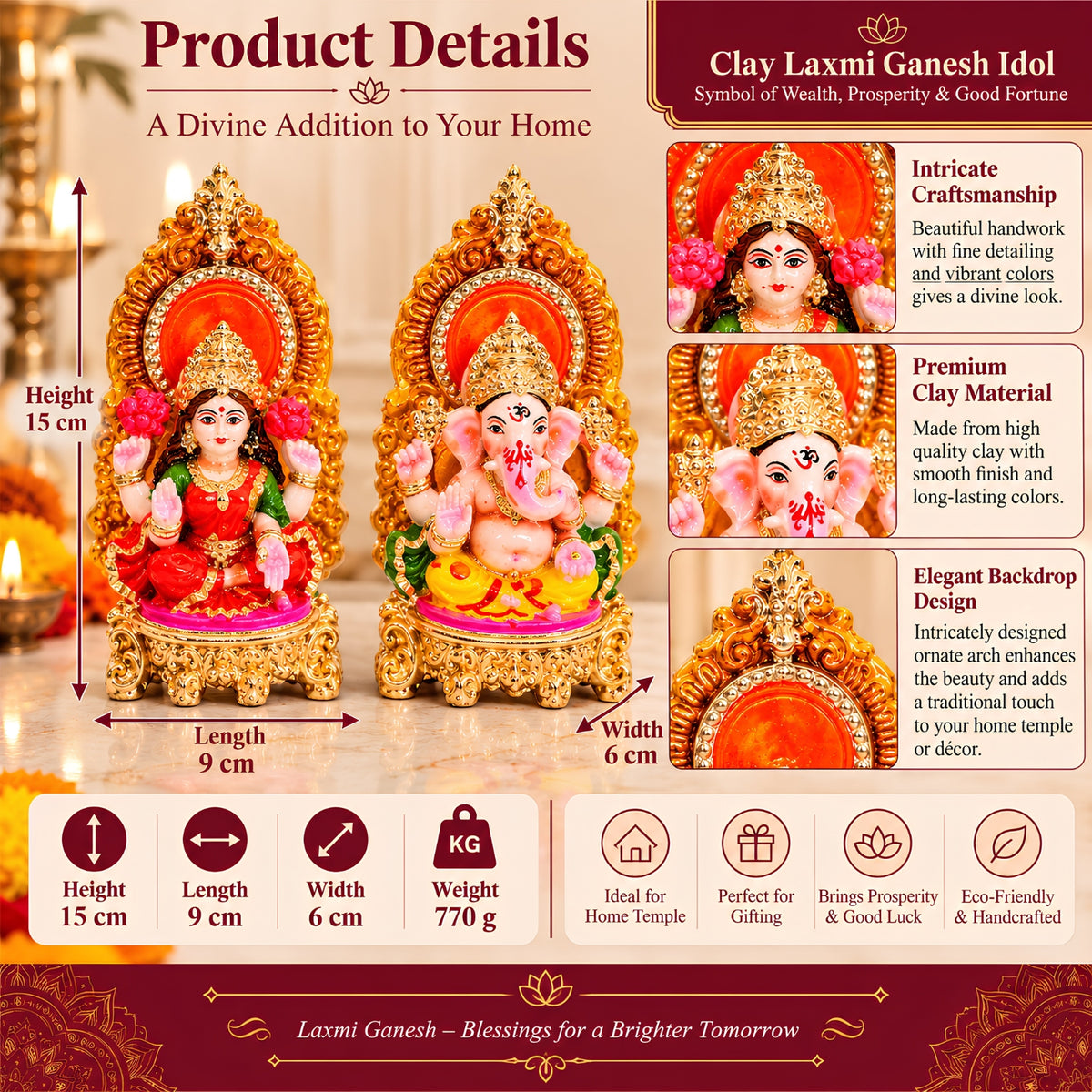 Handcrafted Eco-Friendly Laxmi Ganesh Statue Set – 6 Inch Decorative Terracotta Idols for Diwali Pooja & Home Decor by Upharkaro