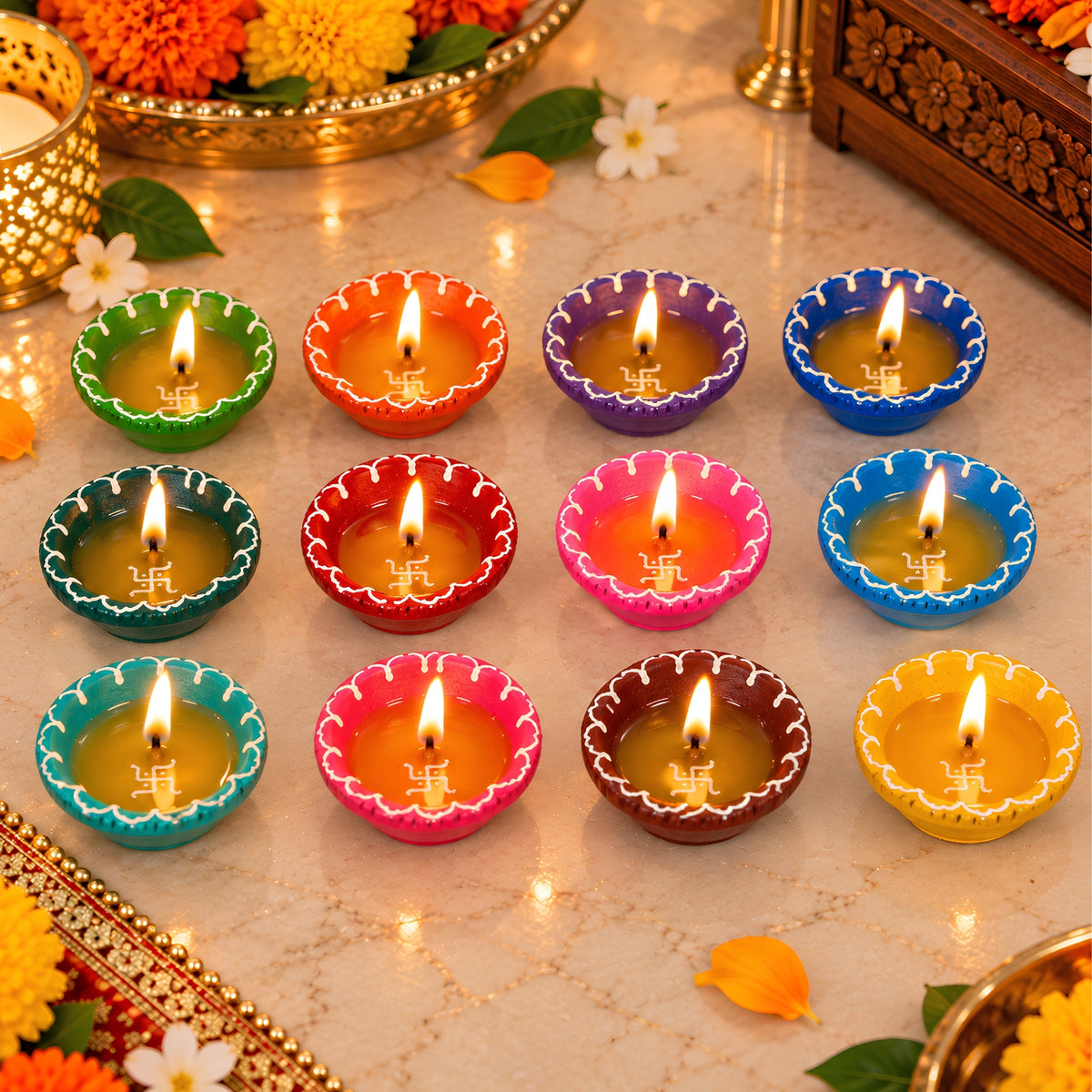 Hand-Painted Clay Fancy Swastik Diya Set of 12 – Decorative Traditional Diyas for Diwali, Pooja, Home Decor & Festive Gifting