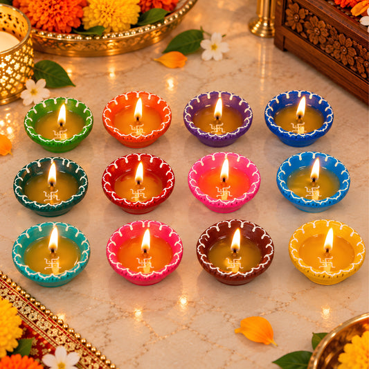 Hand-Painted Clay Fancy Swastik Diya Set of 12 – Decorative Traditional Diyas for Diwali, Pooja, Home Decor & Festive Gifting