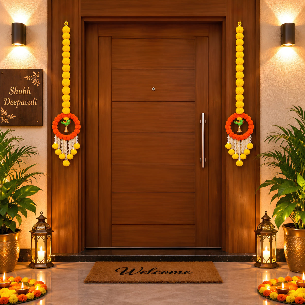 Upharkaro Decorative Marigold Flower Hanging Latkan with Parrot Design – 6 Feet, Set of 2 | Orange & Yellow Traditional Door & Wall Hanging for Diwali, Wedding & Festive Decor