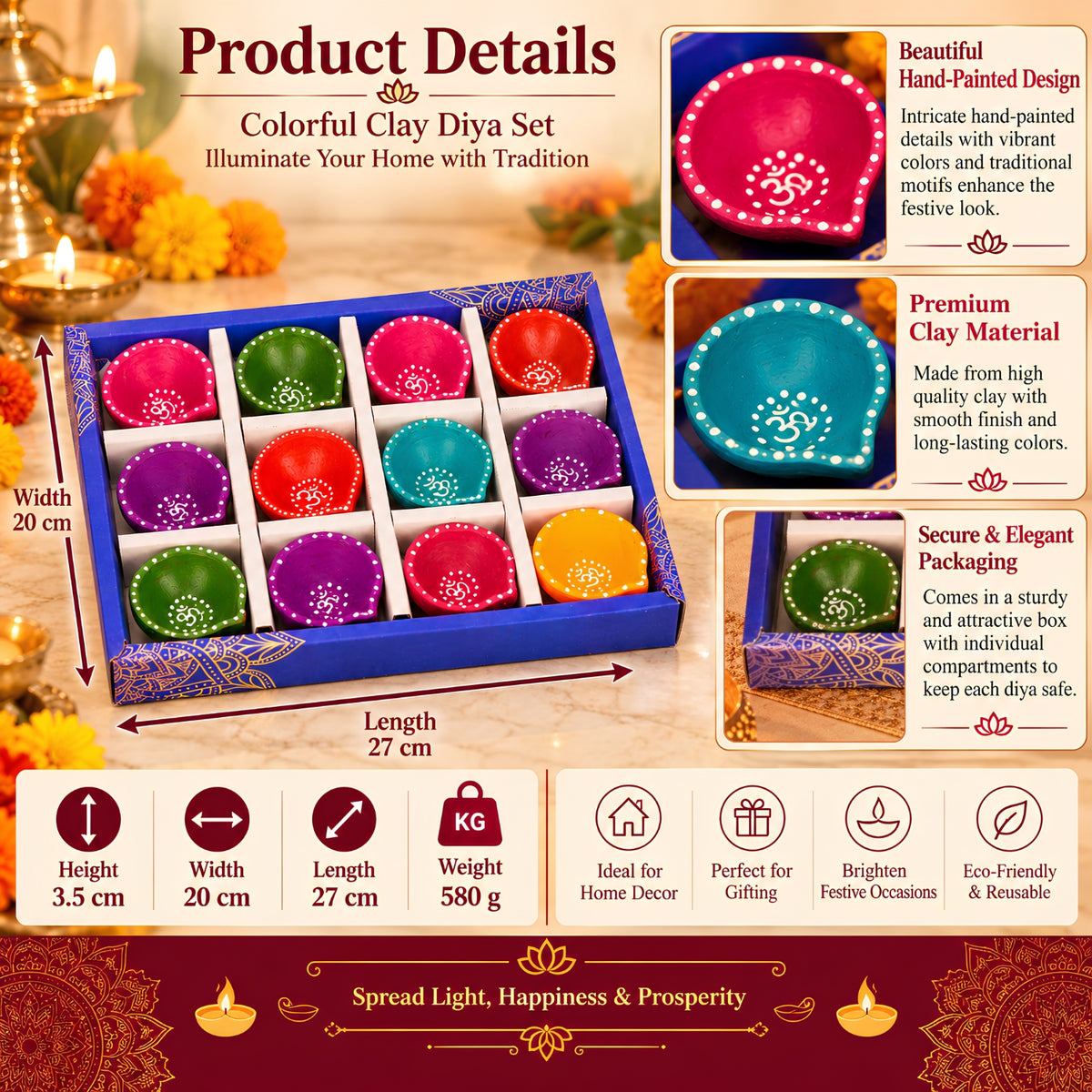 Hand-Painted Clay Fancy Om Diya Set of 12 – Decorative Traditional Diyas for Diwali, Pooja, Home Decor & Festive Gifting