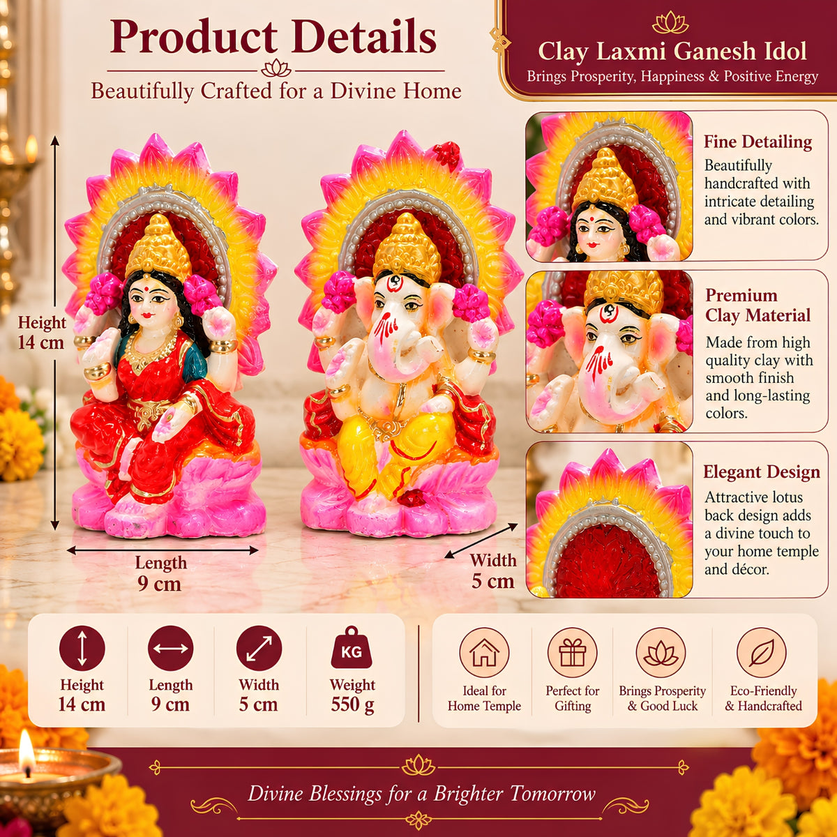 Eco-Friendly Clay Laxmi Ganesh Idols for Diwali – Handcrafted Terracotta Murti Set (6 Inch, 875g) by Upharkaro