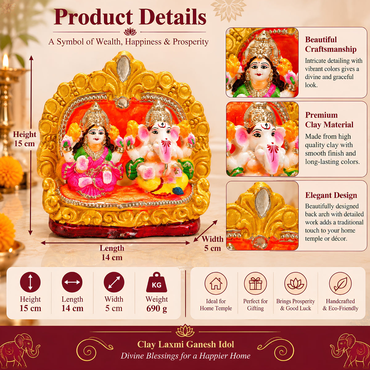 Eco-Friendly Laxmi Ganesh Idol Set – 6 Inch Handcrafted Terracotta Clay Statues for Diwali Pooja & Home Decor by Upharkaro