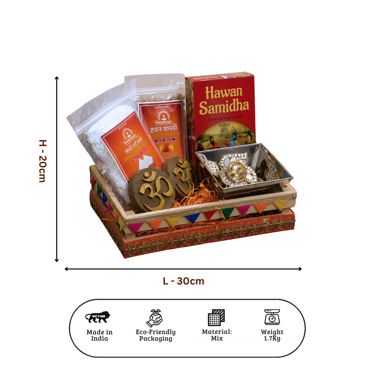 Upharkaro Complete Hawan Kit for Home & Temple | Hawan Kund, Hawan Samagri, Samidha, Long Cotton Wicks, Om Cow Dung & Decorative Swastik Diya | Puja & Yagya Essentials Gift Set