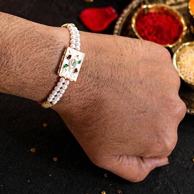 Premium Pearl Beaded Designer Rakhi with Multicolor Stone Centerpiece for Brother | Elegant Rakhi