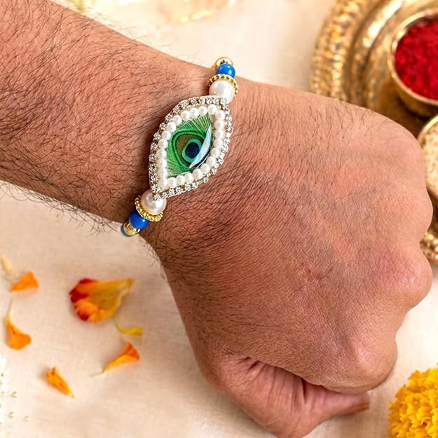 Premium Morpankh (Peacock Feather) Designer Rakhi with Pearls & Blue Beads for Brother/Bhai | Krishna Inspired Rakhi