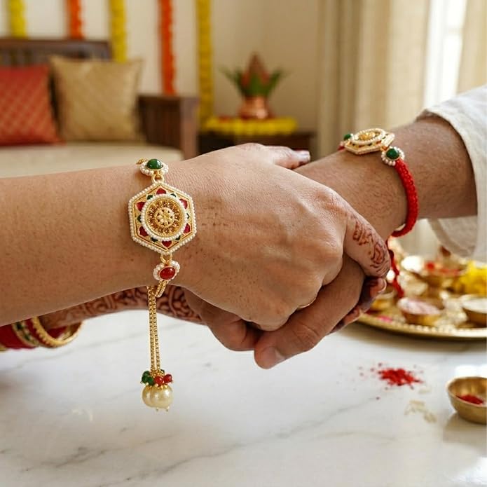 Royal Meenakari Bhaiya Bhabhi Rakhi Set with Adjustable Bracelet Style