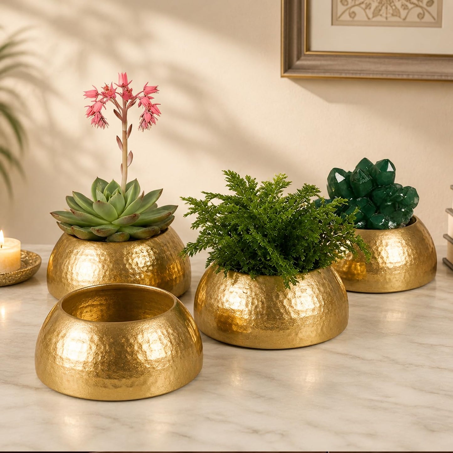 Set of 4 Hammered Gold Finish Metal Planters | Modern Decorative Indoor Plant Pots for Home, Living Room, Office & Table Décor