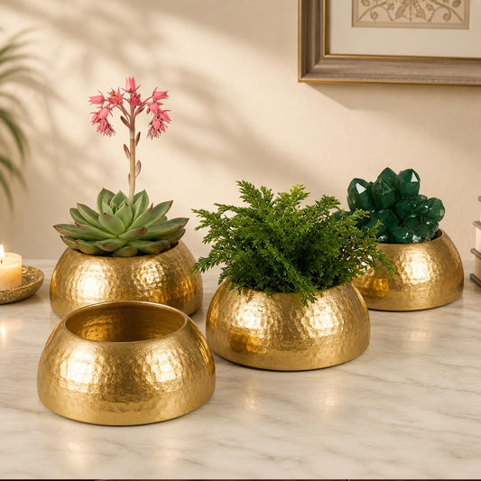 Set of 4 Hammered Gold Finish Metal Planters | Modern Decorative Indoor Plant Pots for Home, Living Room, Office & Table Décor
