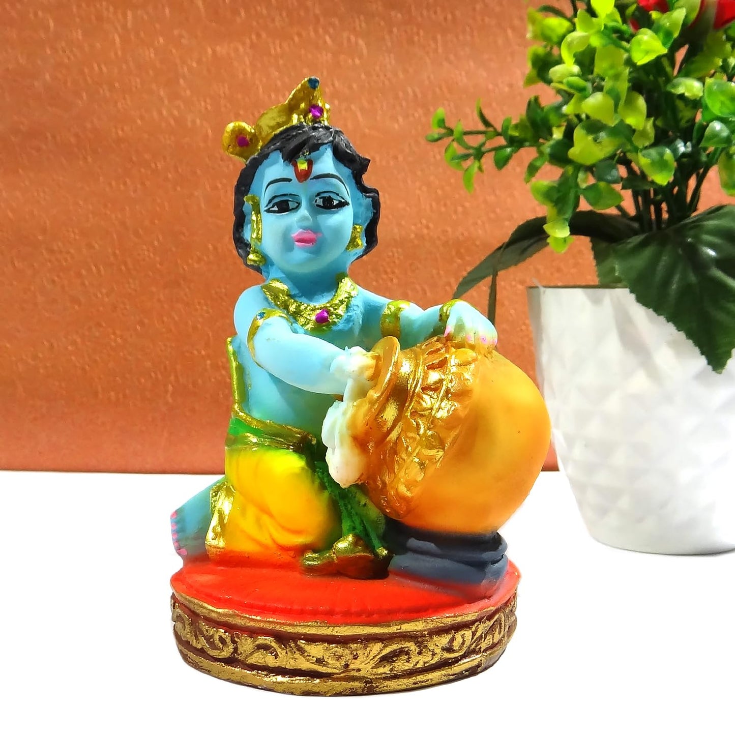 Makhan Chor Bal Krishna Idol/Statue in Resin | Hindu God Krishna Murti for Home Temple, Pooja, Car Dashboard Decor | Auspicious Religious Idol & Ideal Gift (Height 6 Inch)