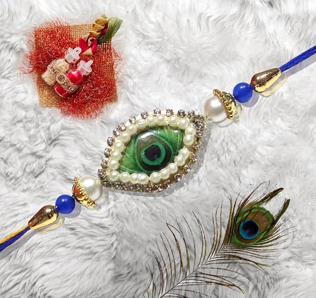Premium Morpankh (Peacock Feather) Designer Rakhi with Pearls & Blue Beads for Brother/Bhai | Krishna Inspired Rakhi