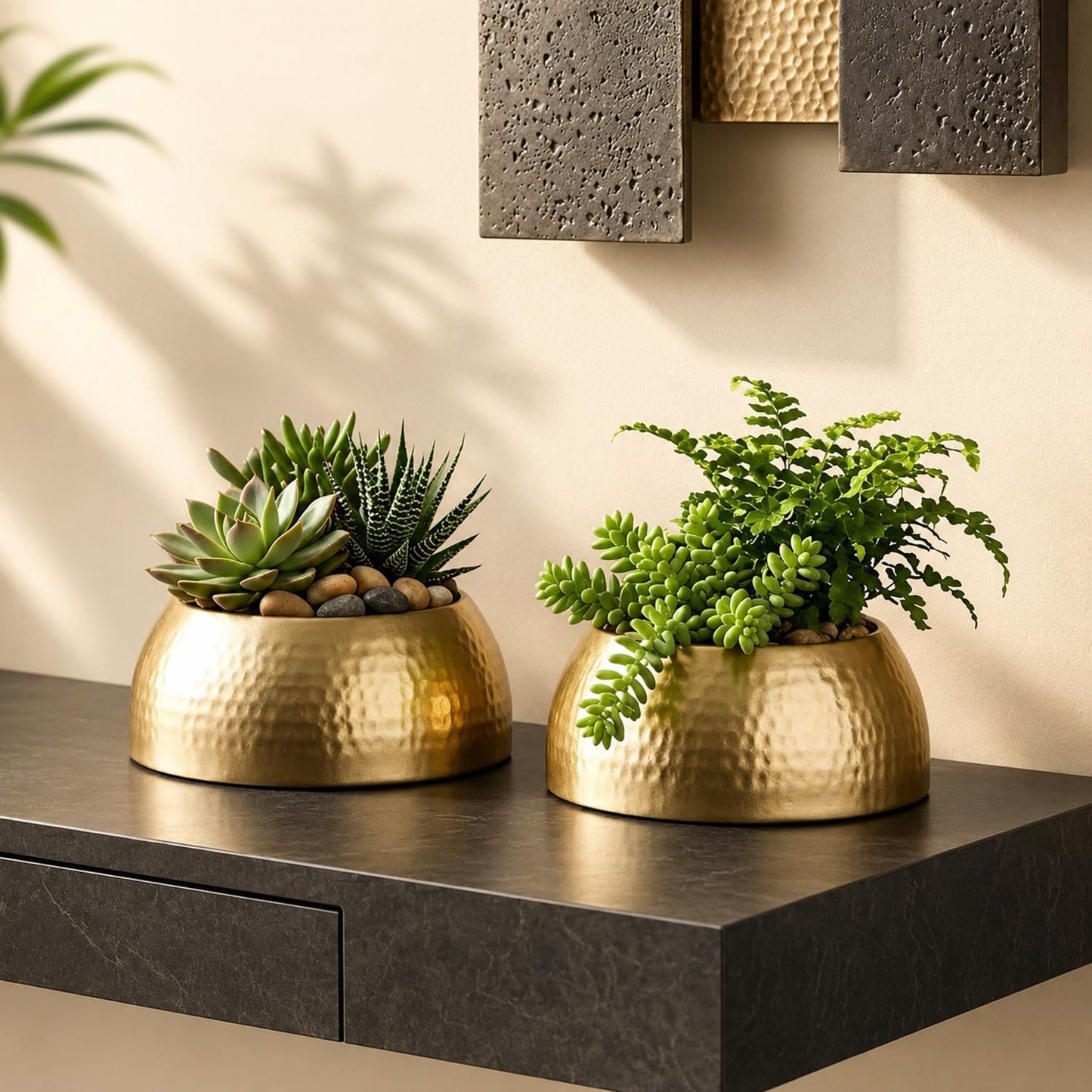 Modern Gold Finish Indoor Plant Pots Set of 2 | Decorative Metal Succulent Planters for Home & Office Decor