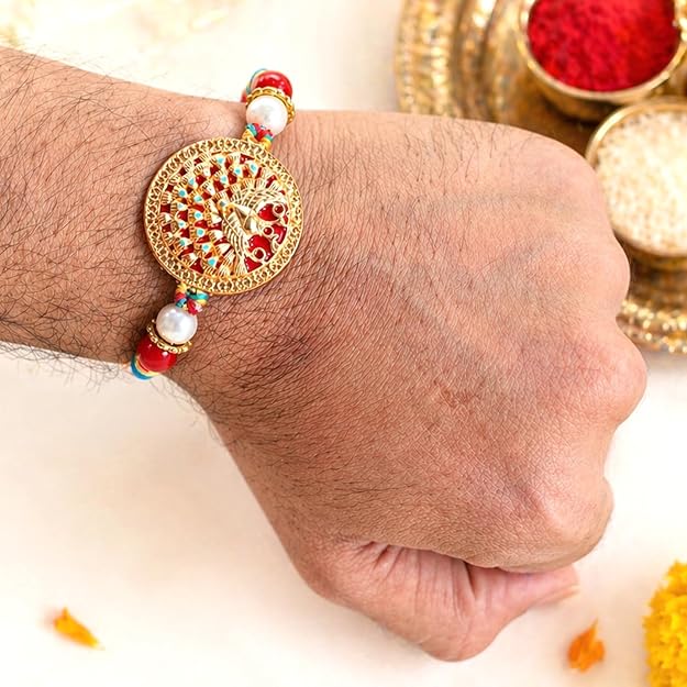 Premium Peacock Designer Rakhi with Pearl & Multicolor Beads for Brother By Upharkaro