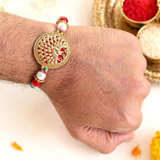 Premium Peacock Designer Rakhi with Pearl & Multicolor Beads for Brother By Upharkaro