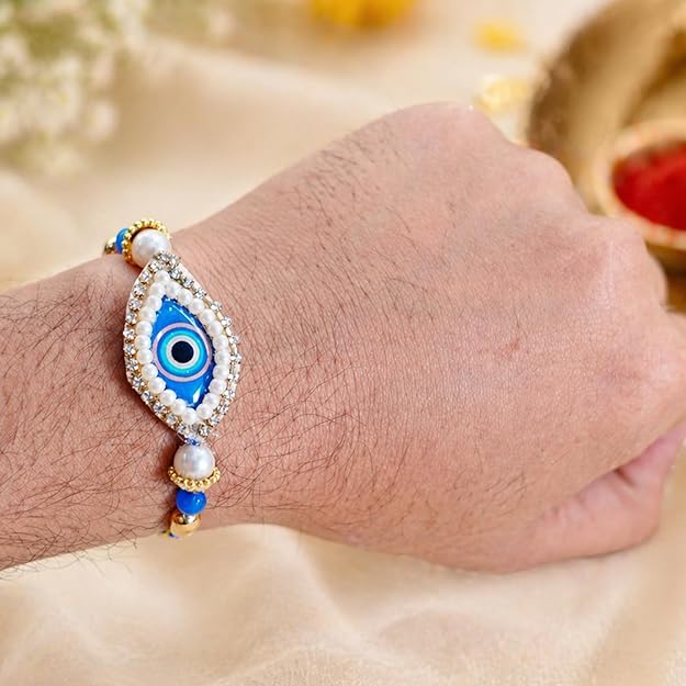 Premium Evil Eye Rakhi with Pearl & Blue Beads for Brother | Designer Nazar Rakhi